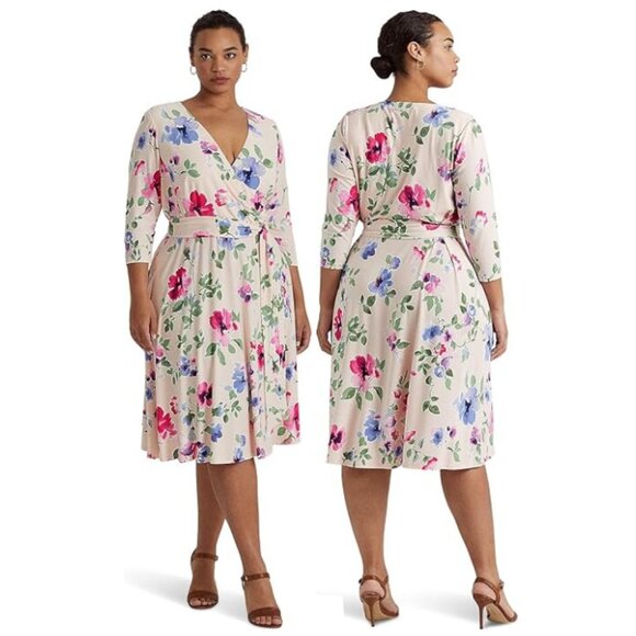 Lauren Ralph Lauren Pink Floral Three Quarter Sleeve Wrap Dress - Size 22W - NWT - Picture 1 of 6